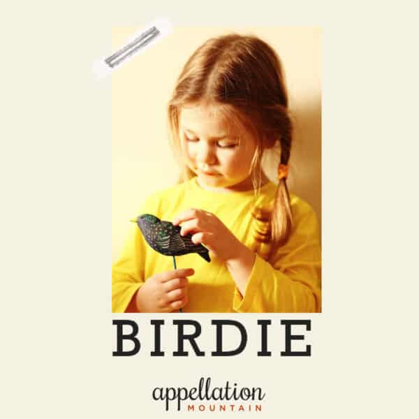 girl child with light brown hair in braids wearing yellow shirt and holding greenish bird sculpture; baby name Birdie