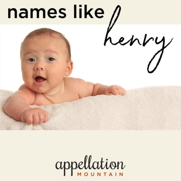 baby with dark hair propped up on light beige blanket on white background; text reads names like Henry