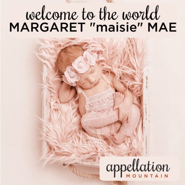 baby girl wearing flower crown in bed basket with blanket; wlecome to the world Margaret "Maisie" Mae