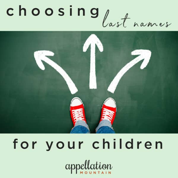 red sneakers in front of three arrows pointing in different directions; choosing your child's last name