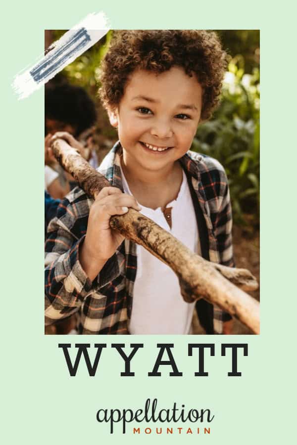 boy with dark curls wearing plaid shirt over white tee holding tree branch outdoors; baby name Wyatt