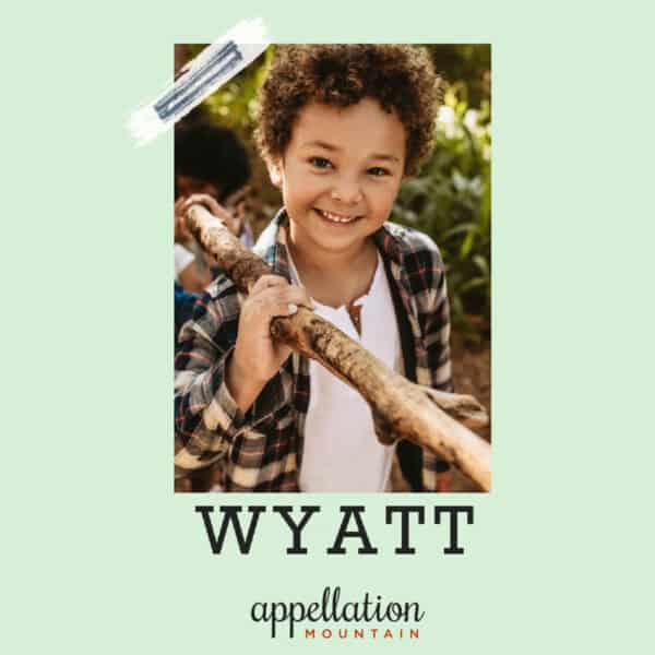 boy with dark curls wearing plaid shirt over white tee holding tree branch outdoors; baby name Wyatt