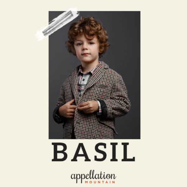 boy child with curly brown hair wearing tweed jacket; baby name Basil