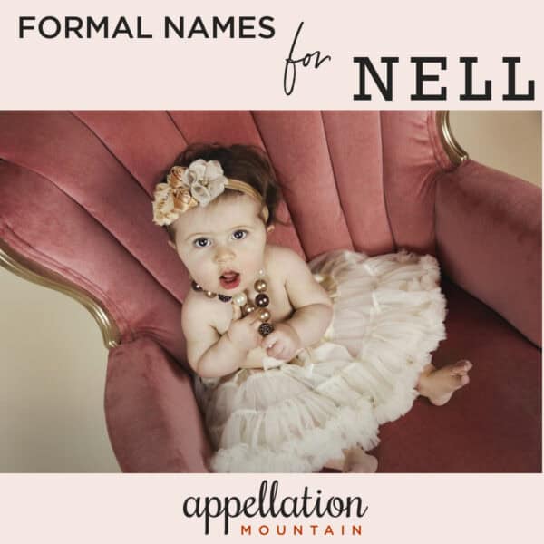 baby girl wearing fancy ruffled skirt, beads and headband "formal names for Nell"