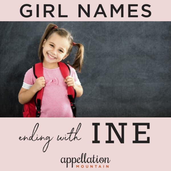 school-aged girl with dark blonde ponytails wearing pink tee and backpack standing in front of chalkboard; girl names ending with INE