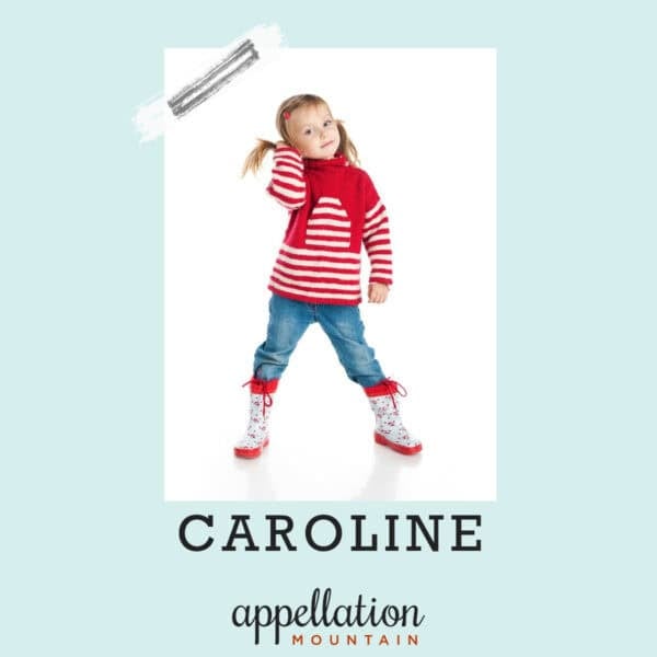 young girl with blonde ponytails wearing red striped shirt, jeans, and red and white rain boots; baby name Caroline
