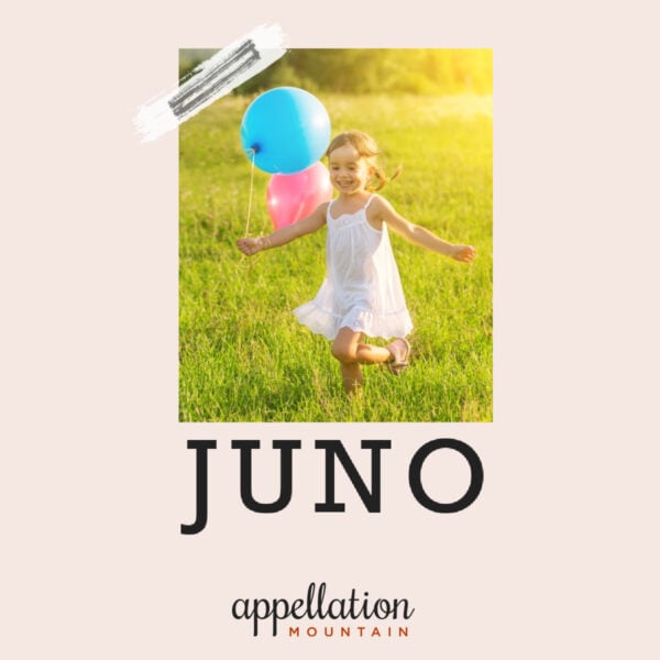 blonde young girl with ponytails wearing white dress holding balloons in a field of green grace; baby name Juno