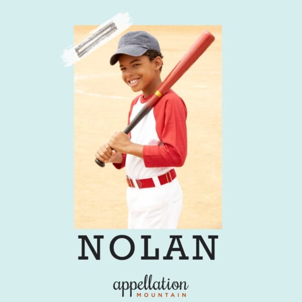 smiling boy wearing baseball uniform and hat with baseball bat over shoulder; baby name Nolan