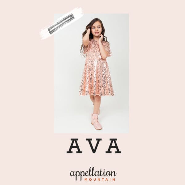 girl with long dark hair in sparkly light pink dress "baby name Ava"