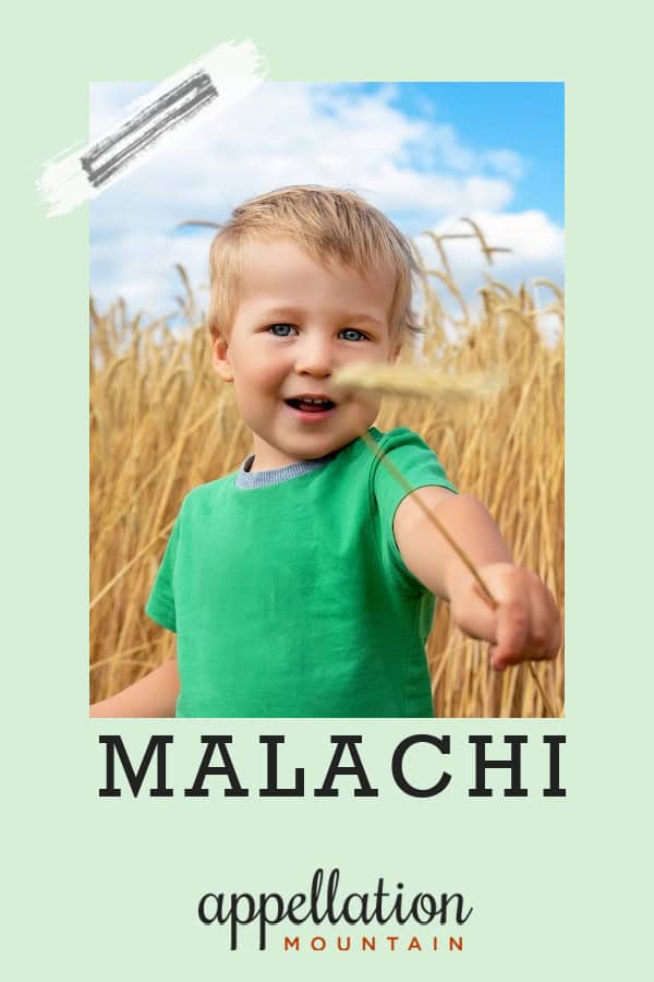 blonde toddler boy wearing green shirt in cornfield; baby name Malachi