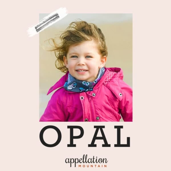 young girl with windswept dark blonde hair wearing pink rain jacket and blue scarf; baby name Opal