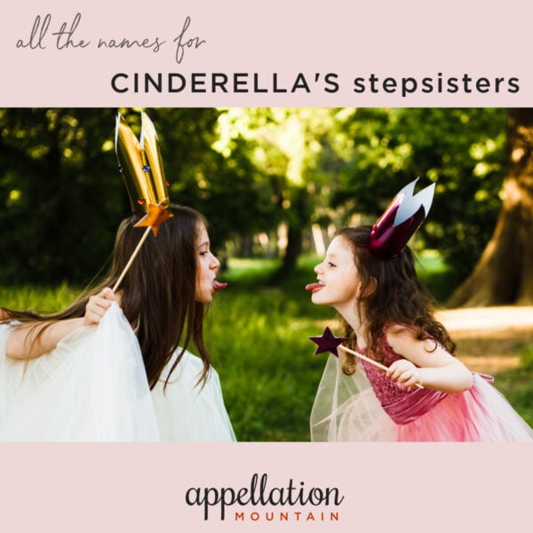 two girls dressed as princesses sticking their tongues out at each other; text reads "All the Names for Cindrella's Stepsisters"