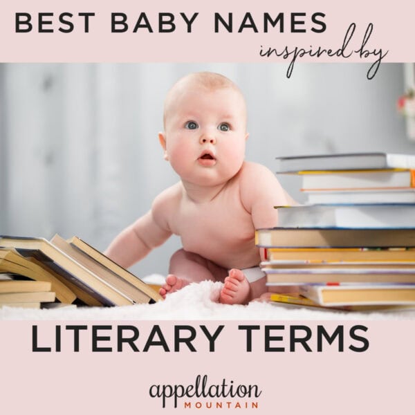 baby with piles of books "literary baby names like Fable and Story"