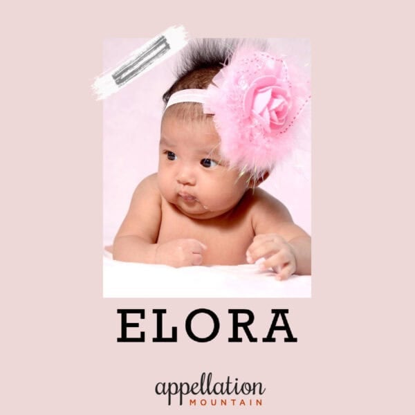 African American girl wearing headband with oversized pink flower; baby name Elora