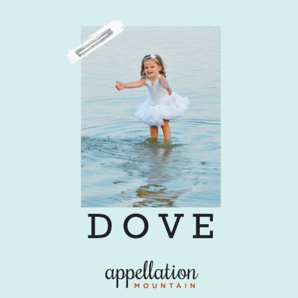 girl child standing water wearing white tulle dress; baby name Dove