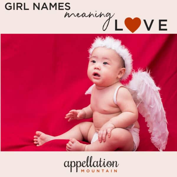 baby girl of Asian descent wearing fuzzy pink halo and wings; Girl Names Meaning Love