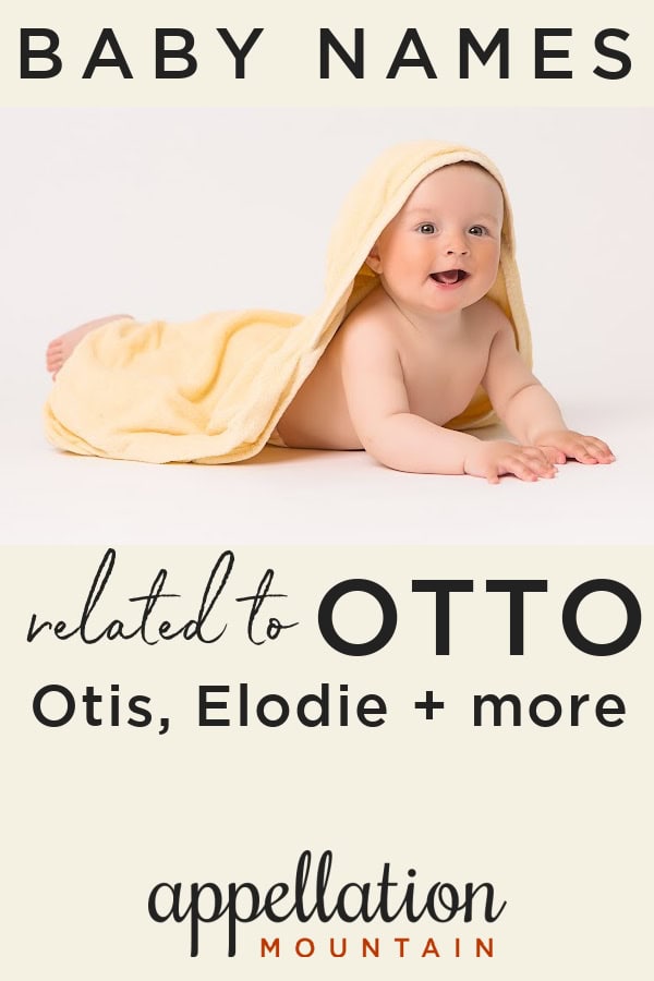 baby lying prone pushed up on forearms under butter yellow blanket; names like Otis and Otto names