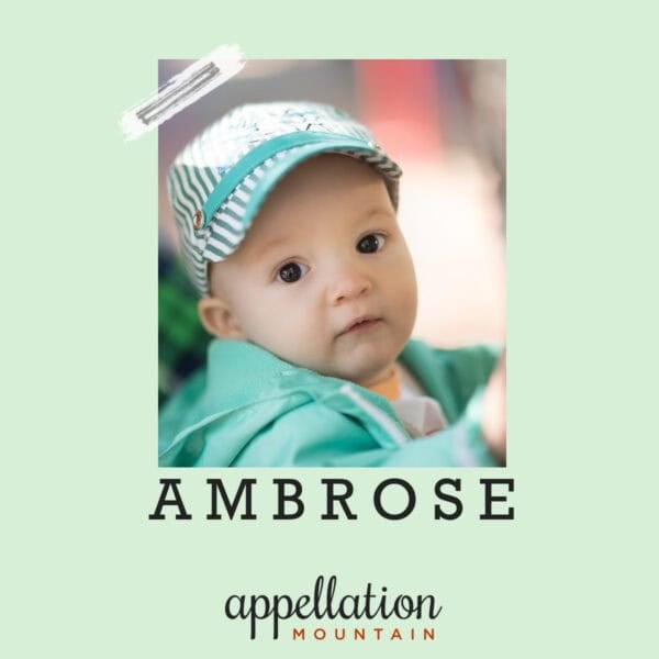 baby boy wearing green striped hat and green sweatshirt; baby name Ambrose