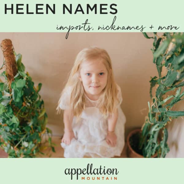 girl child with long blonde hair sitting between two plants; Helen names