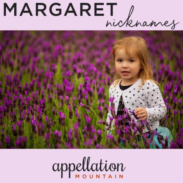 girl with blonde hair wearing white sweater in field of purple flowers "nicknames for Margaret"