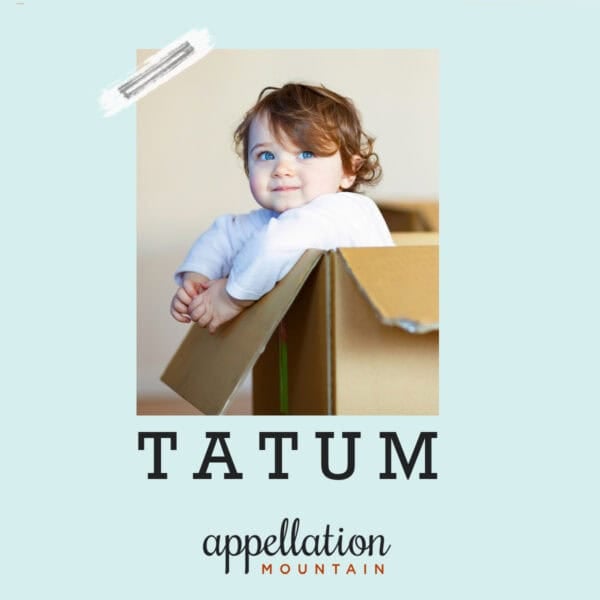 young child with wavy brown hair and blue eyes wearing long sleeved white shirt standing in brown cardboard box; baby name Tatum