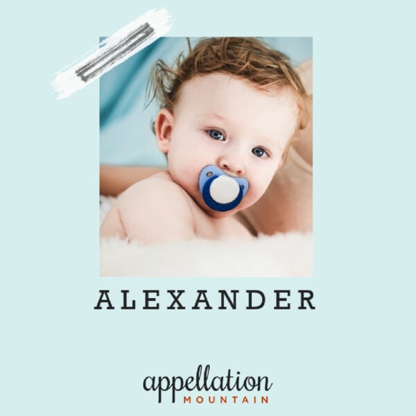 baby boy with brown curls and a pacifier in his mouth, "baby name Alexander"