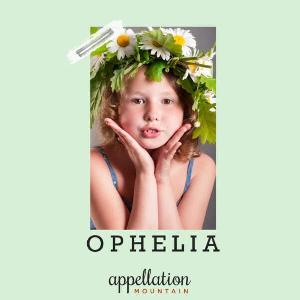 blonde girl child wearing sundress and elaborate floral wreath; baby name Ophelia