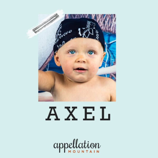 baby boy wearing blue bandana; "baby name Axel"