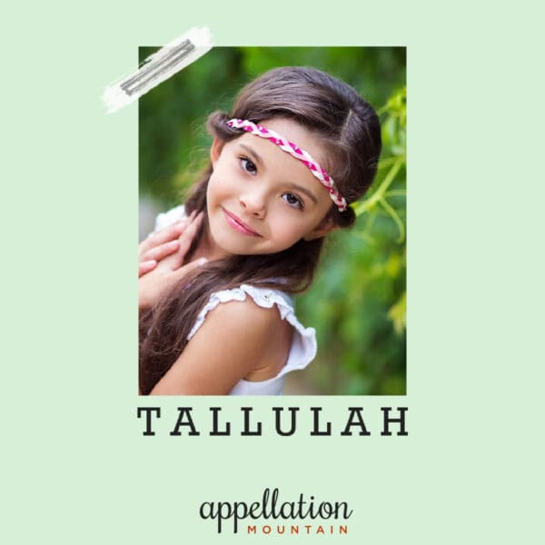 young girl with long brown hair, pink and white braided headband, and ruffle sleeve dress; "baby name Tallulah"