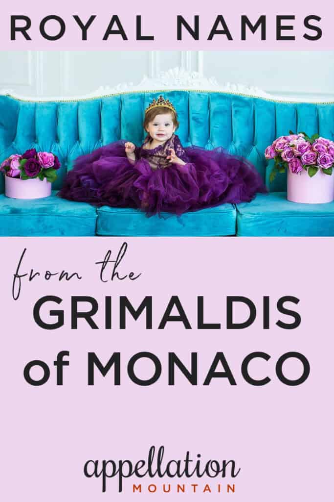 toddler girl with dark hair wearing elaborate purple gown and tiara sitting on turquoise settee; Grimaldi family tree names