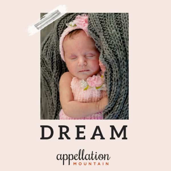 sleeping baby girl on gray knit blanket; baby name Dream