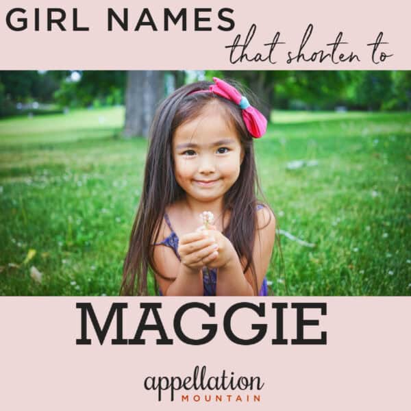 girl with long dark hair with pink bow, standing outside, holding flower "names with the nickname Maggie"