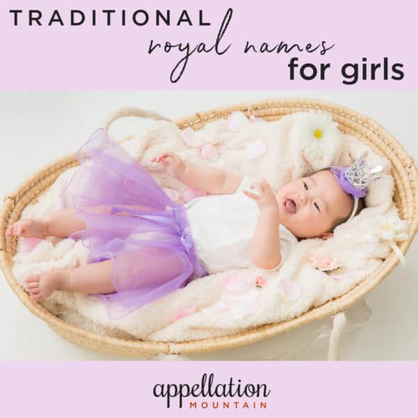 baby girl with dark hair wearing purple tutu and crown headband, resting in a basket, "royal names for girls"