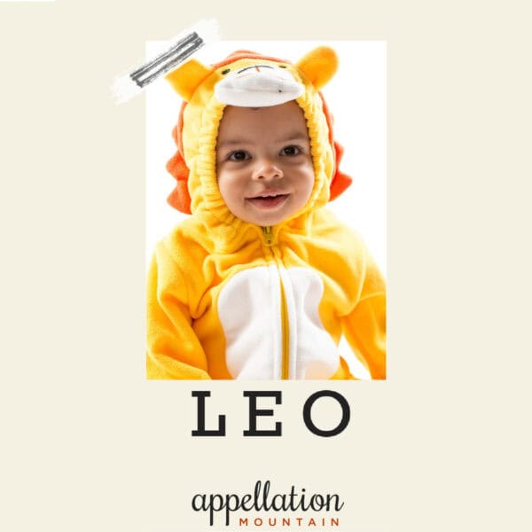 toddler boy wearing lion costume; baby name Leo