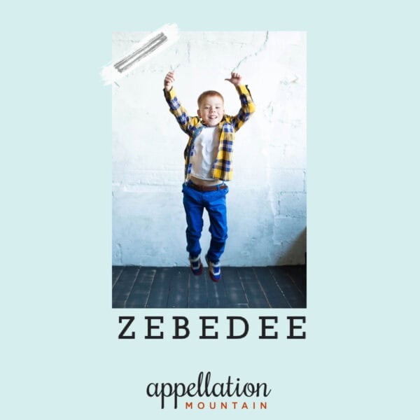 boy child wearing yellow plaid shirt and jeans, jumping with arms raised; baby name Zebedee