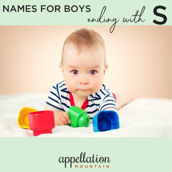 baby boy in striped shirt with colorful plastic cups; "Names for Boys Ending with S"