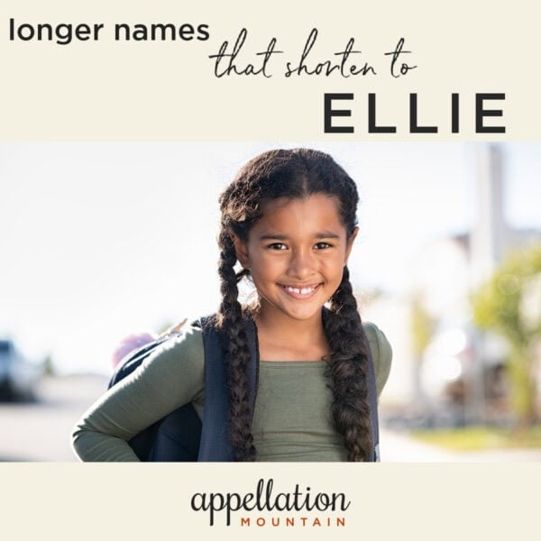 Latina girl with long braided hair wearing green top and backpack, smiling; "nickname Ellie"