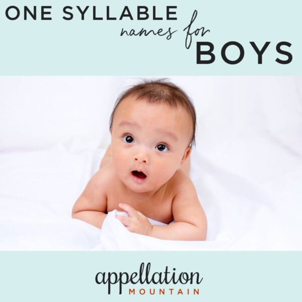 baby boy with surprised expression, laying in white bedding, "one syllable names for boys"