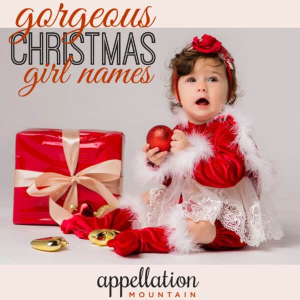 Baby girl with dark hair, red and white dress and presents with text "Goregous Christmas Girl Names"