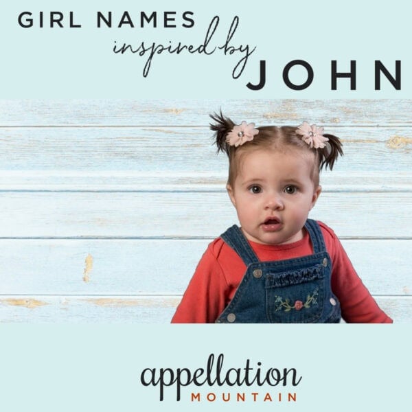 toddler girl wearing denim overalls and long sleeve red tee; text reads "girl names inspired by John"; list of feminine forms of John