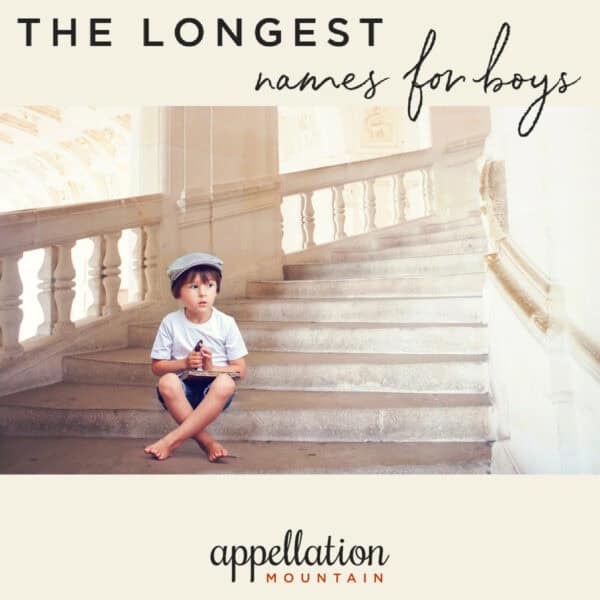 young boy wearing hat sitting at bottom of long staircase, "The Longest Names for Boys Three Syllables or More"