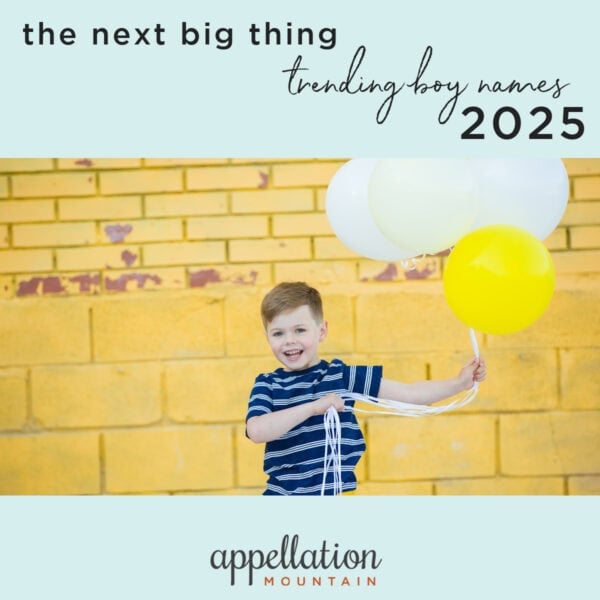blonde boy wearing blue striped shirt holding white and yellow balloons standing in front of yellow wall; "future top 1000 boy names"