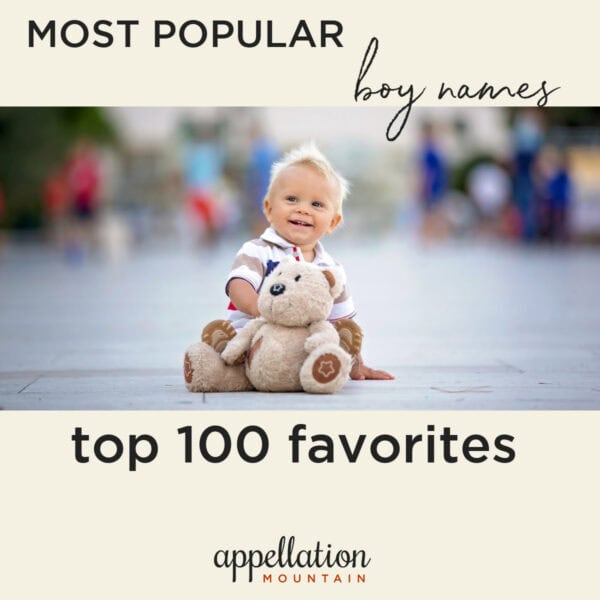 baby boy with blonde hair sitting indoors holding a teddy bear; "Most Popular Boy Names: Top 100 Favorites"