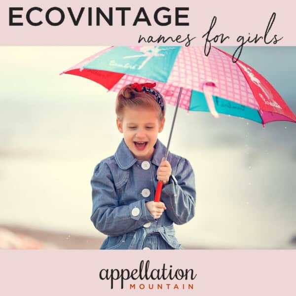 girl wearing blue coat and holding colorful umbrella; Ecovintage girl names; vintage nature girl names