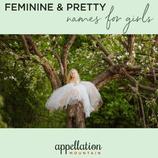 girl child wearing fancy white dress sitting on tree branch; feminine names