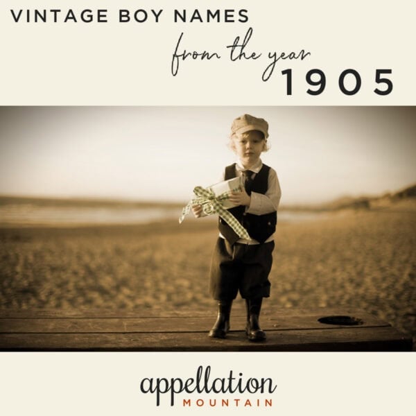 sepia toned photo of young boy in old fashioned outfit holding gift standing in field; forgotten vintage boy names from 1905