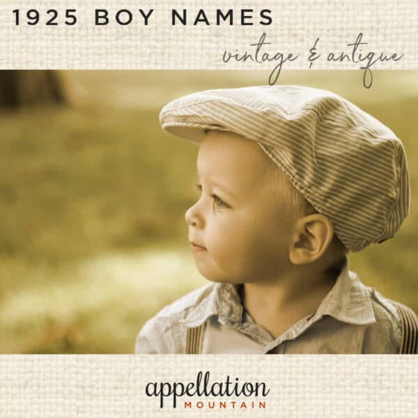 sepia-toned photo of young boy in cap with text "1925 Boy Names Vintage and Antique"