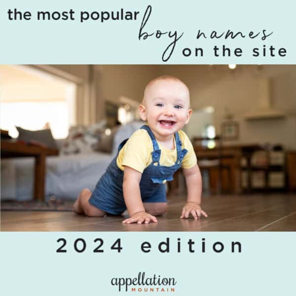 image of boy baby dressed in blue overalls crawling across floor with text "Top Boy Names on the site 2024 edition"