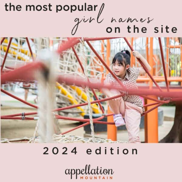 young girl with dark hair climbing in playground equipment with text "the most popular girl names on the site 2024 edition"