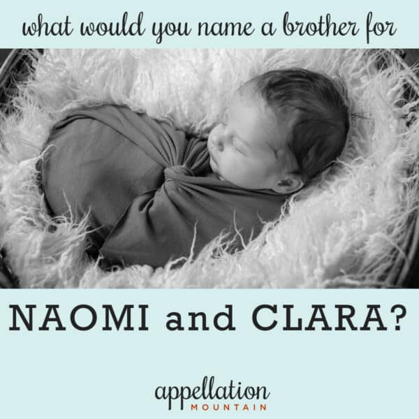 sleeping baby boy wrapped in blanket on furry throw; text reads "What would you name a brother for Naomi and Clara?"